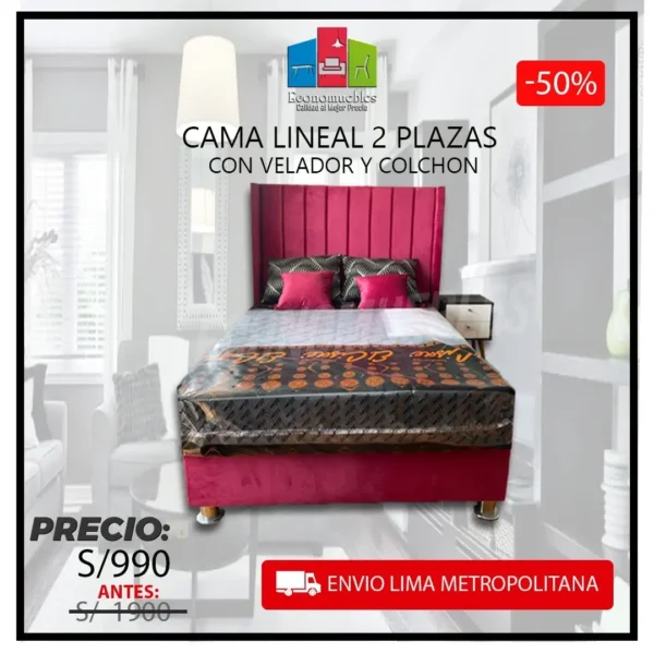 CAMA LINEAL 2 PLAZAS CON VELADOR Y COLCHON
